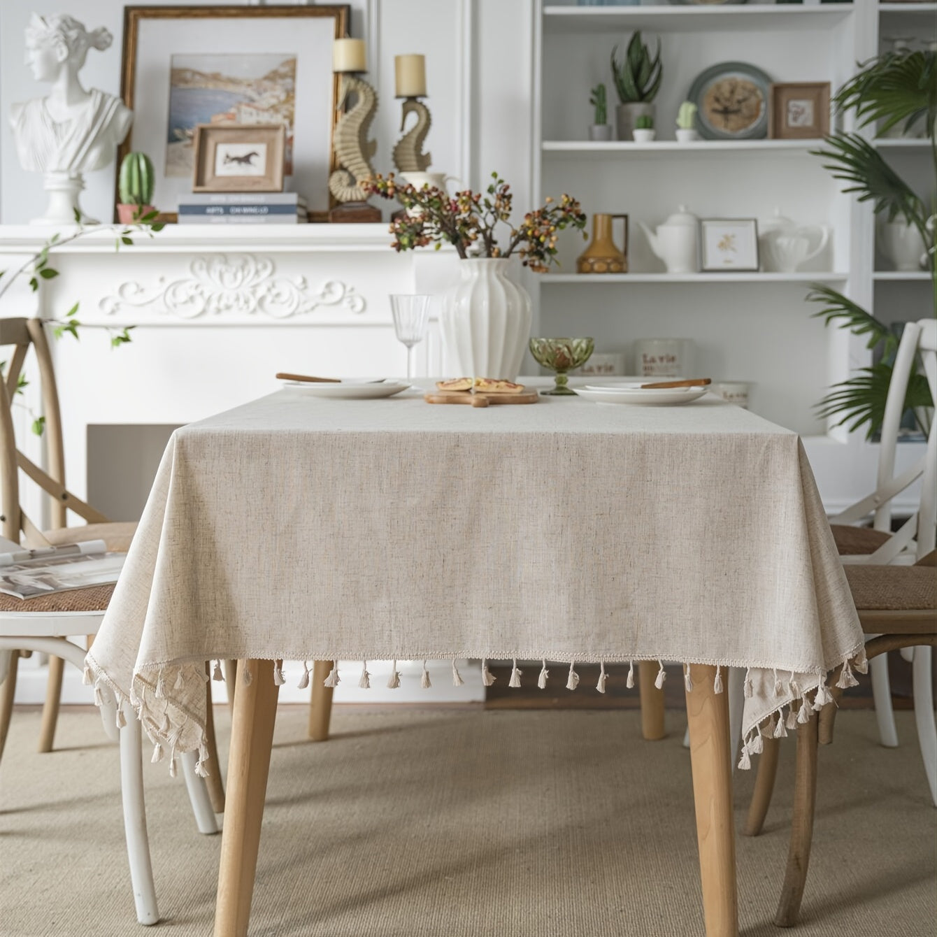 Tovaglia Misto Lino. Tinta unita e antipolvere. Tovaglie frange beige. Adatta per sala da pranzo, sala cerimonie, buffet e sala tè